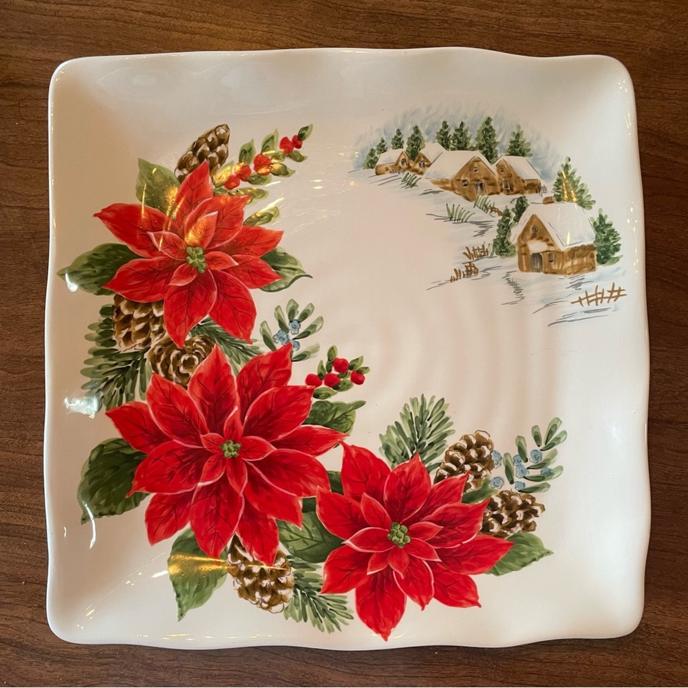 Maxcera Poinsettia and Snowy Cabins Square Christmas Plate
